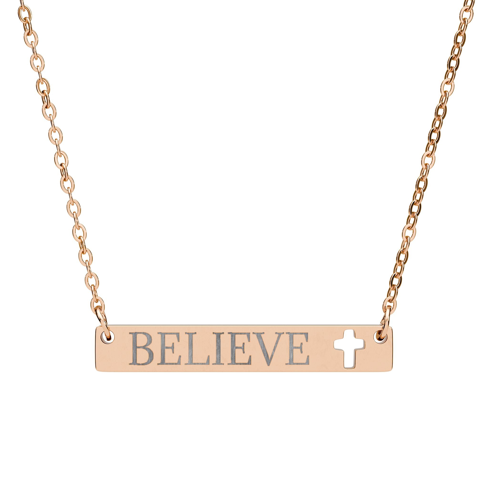 Believe Cutout Cross Bar Necklace — Engraved Inspirational Jewelry
