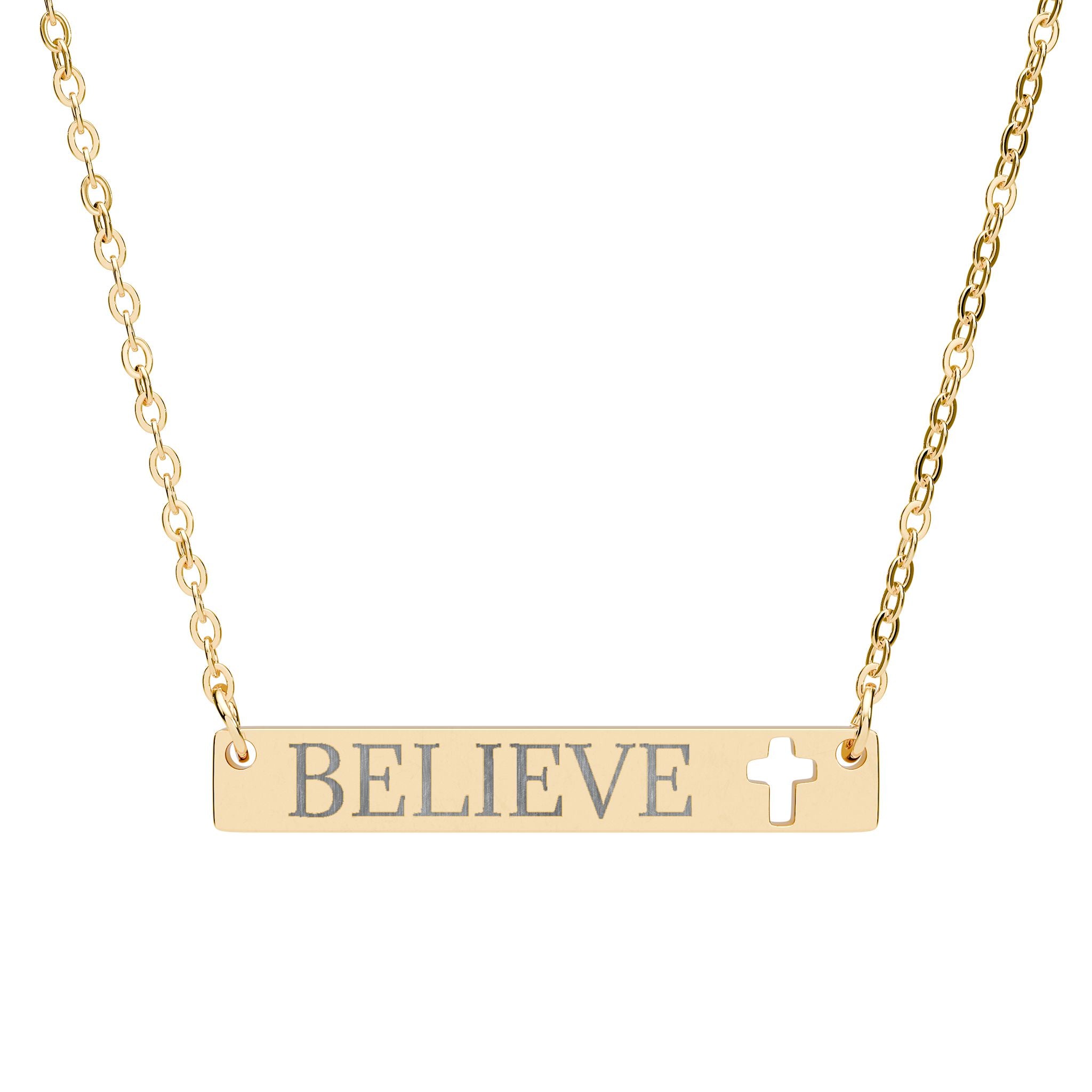 Believe Cutout Cross Bar Necklace — Engraved Inspirational Jewelry