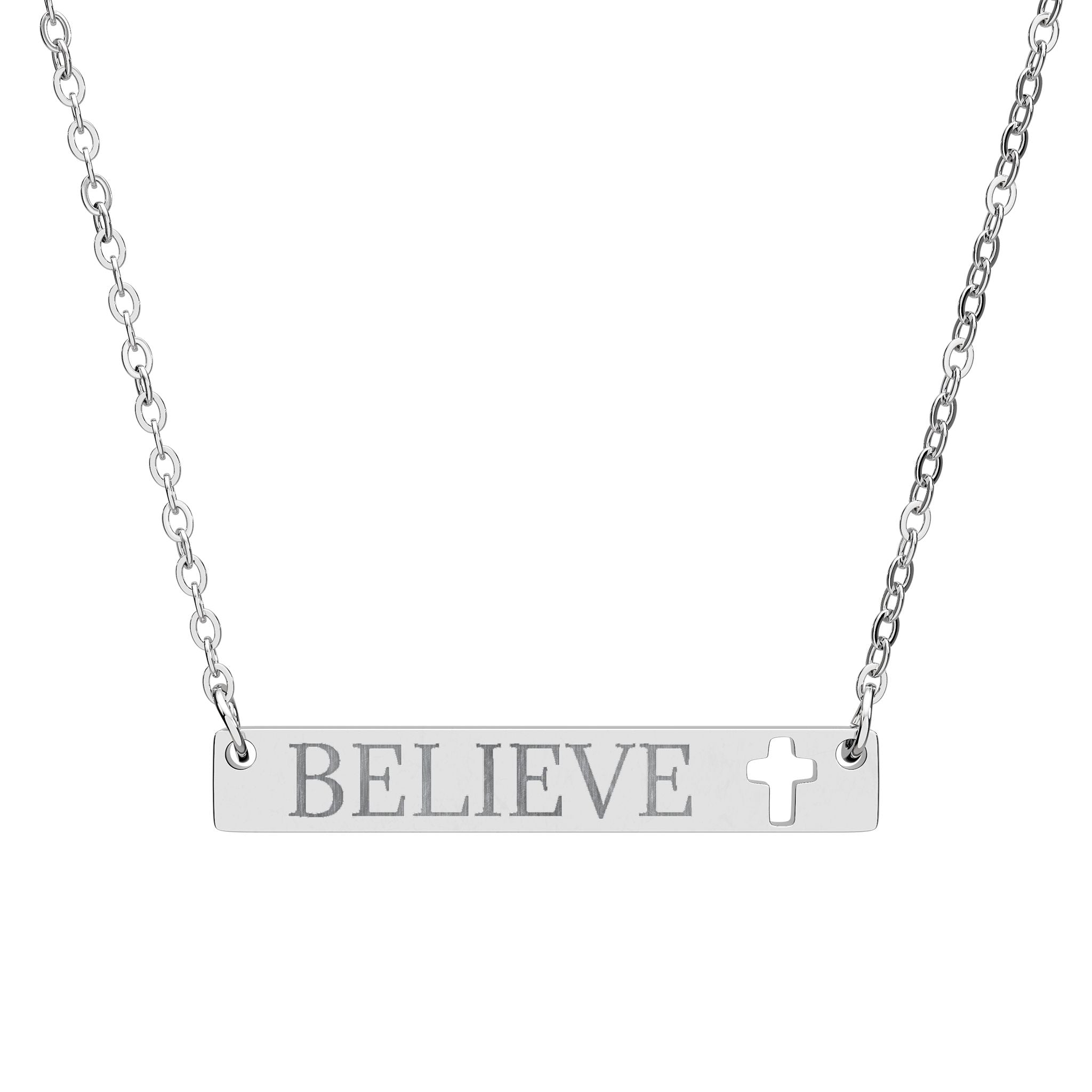 Believe Cutout Cross Bar Necklace — Engraved Inspirational Jewelry
