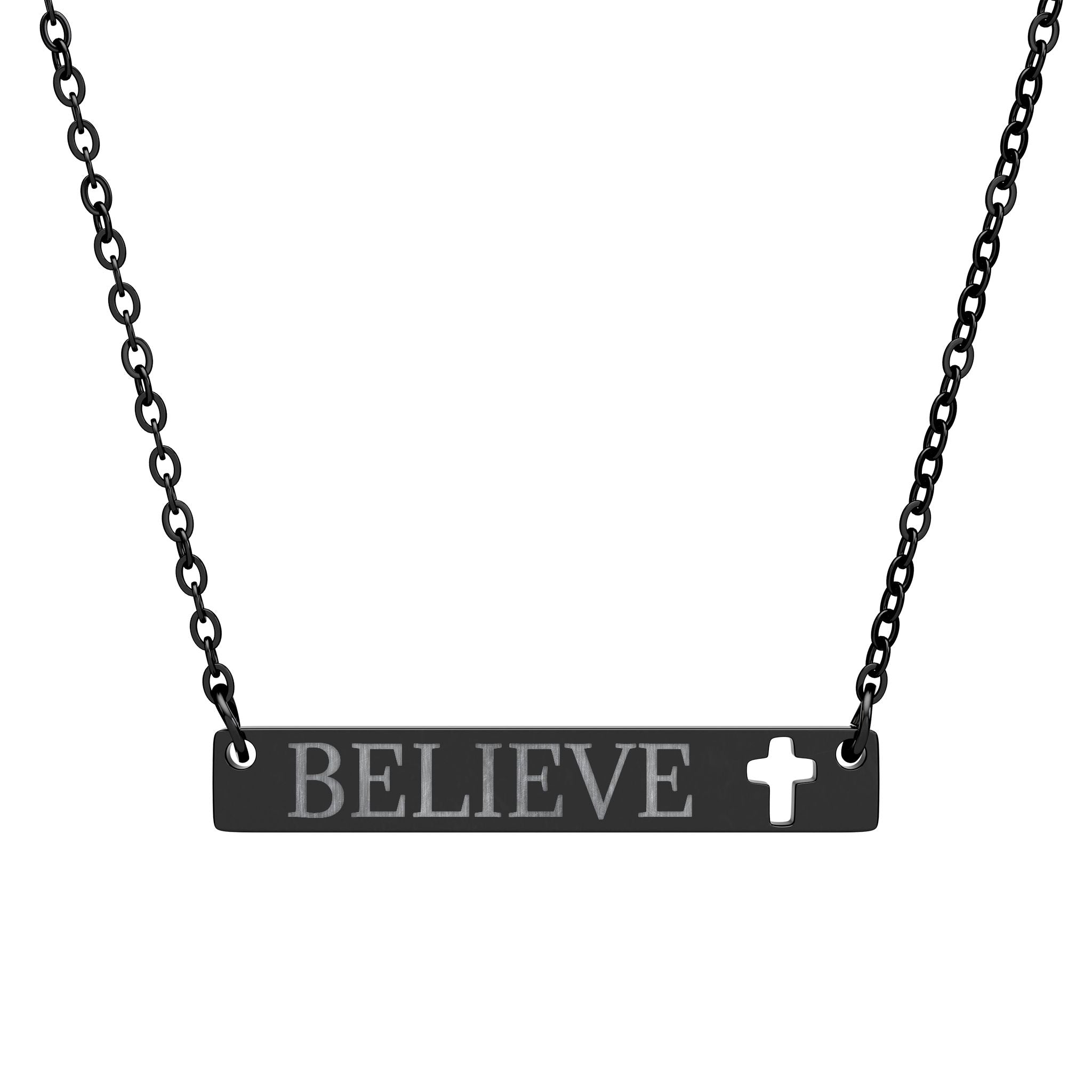 Believe Cutout Cross Bar Necklace — Engraved Inspirational Jewelry